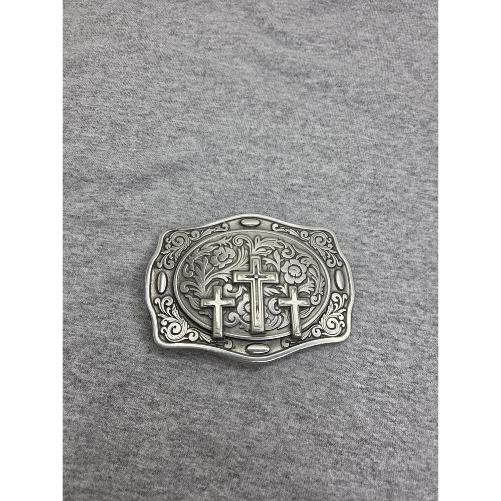 Fine Pewter Three Cross Floral Religious Belt Buckle
